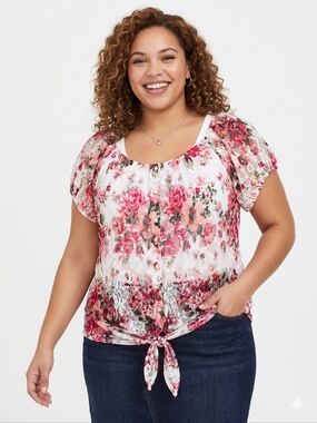 HeartSoul Plus Size Floral Lace Overlay Tie-Front Blouse - Pink